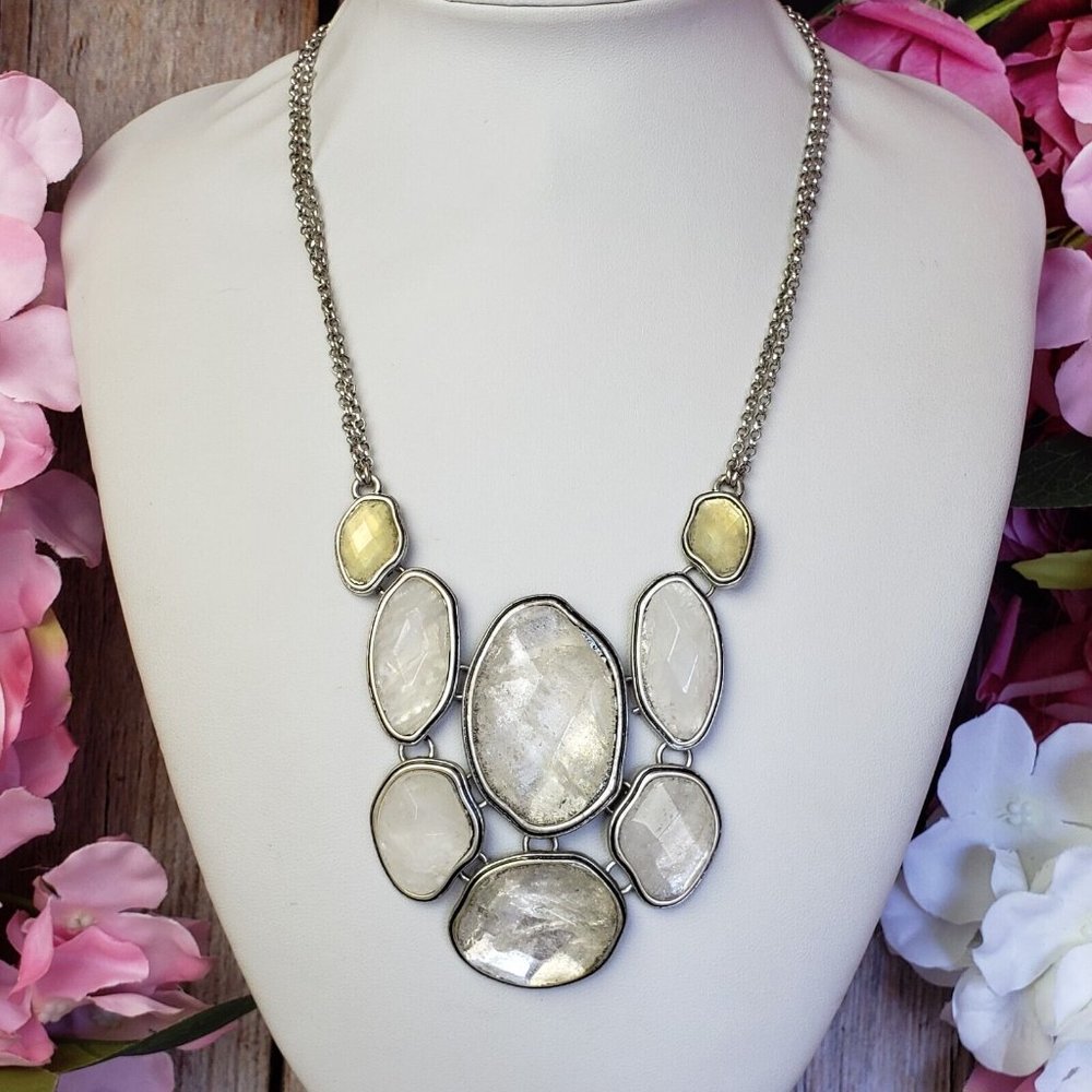 Signed Lucky Brand Oval Clear Quartz Silver Tone Fashion Necklace Statement Bib